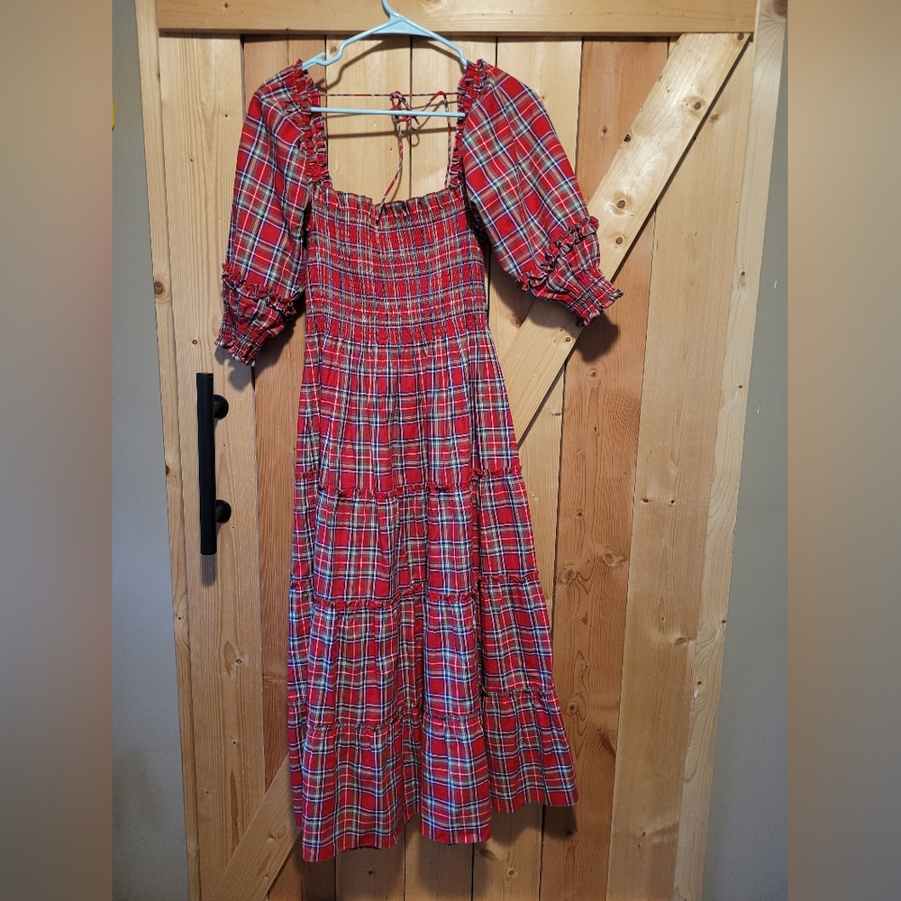 Hill House Nesli Nap Plaid Red Smocked Midi Dress